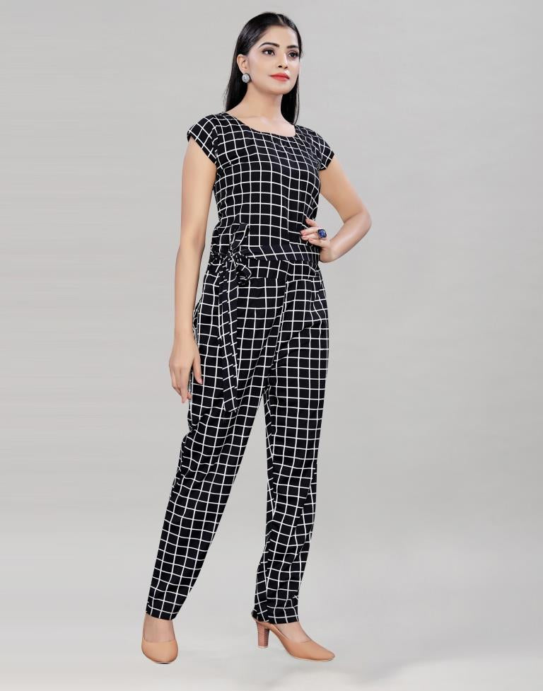 Black Coloured Crepe Checks Print Jumpsuit | Leemboodi