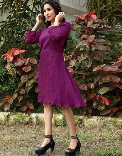 Magenta Coloured Faux Georgette Plain Crushed Dress | Leemboodi
